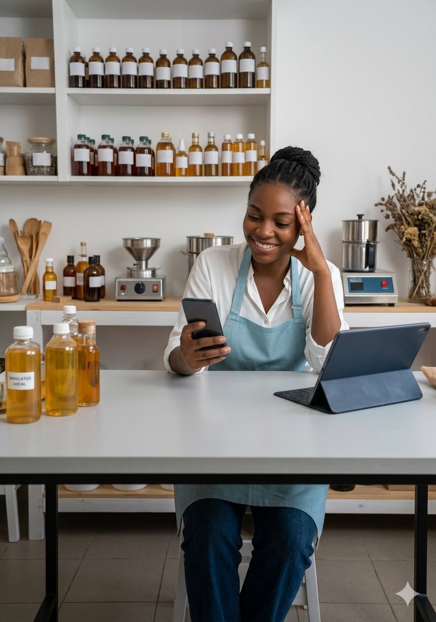 Entrepreneure souriante avec téléphone et tablette dans son atelier